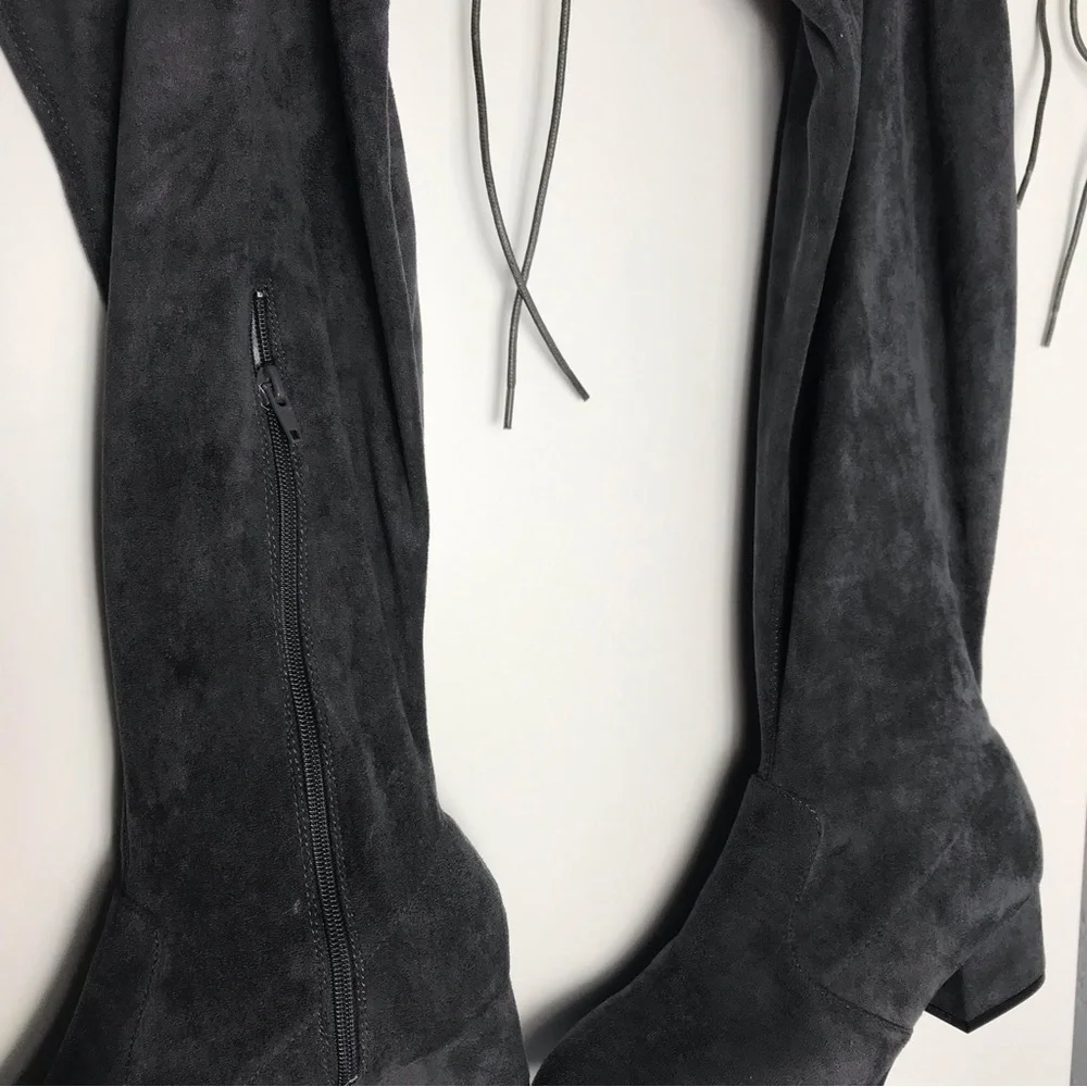 NWOT Gray Faux Suede Over the Knee Boots | Block Heel Tie Back Zip | Fall Winter